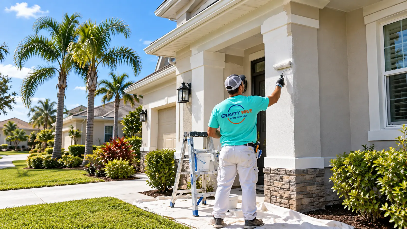 Illustration of a Gravity Wave Home Services worker painting a Jacksonville home exterior