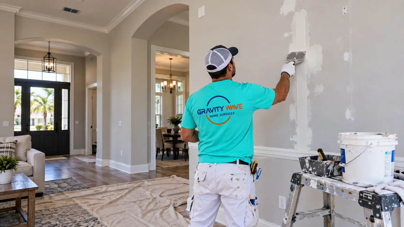 Illustration of a Gravity Wave Home Services worker completing cosmetic drywall repair