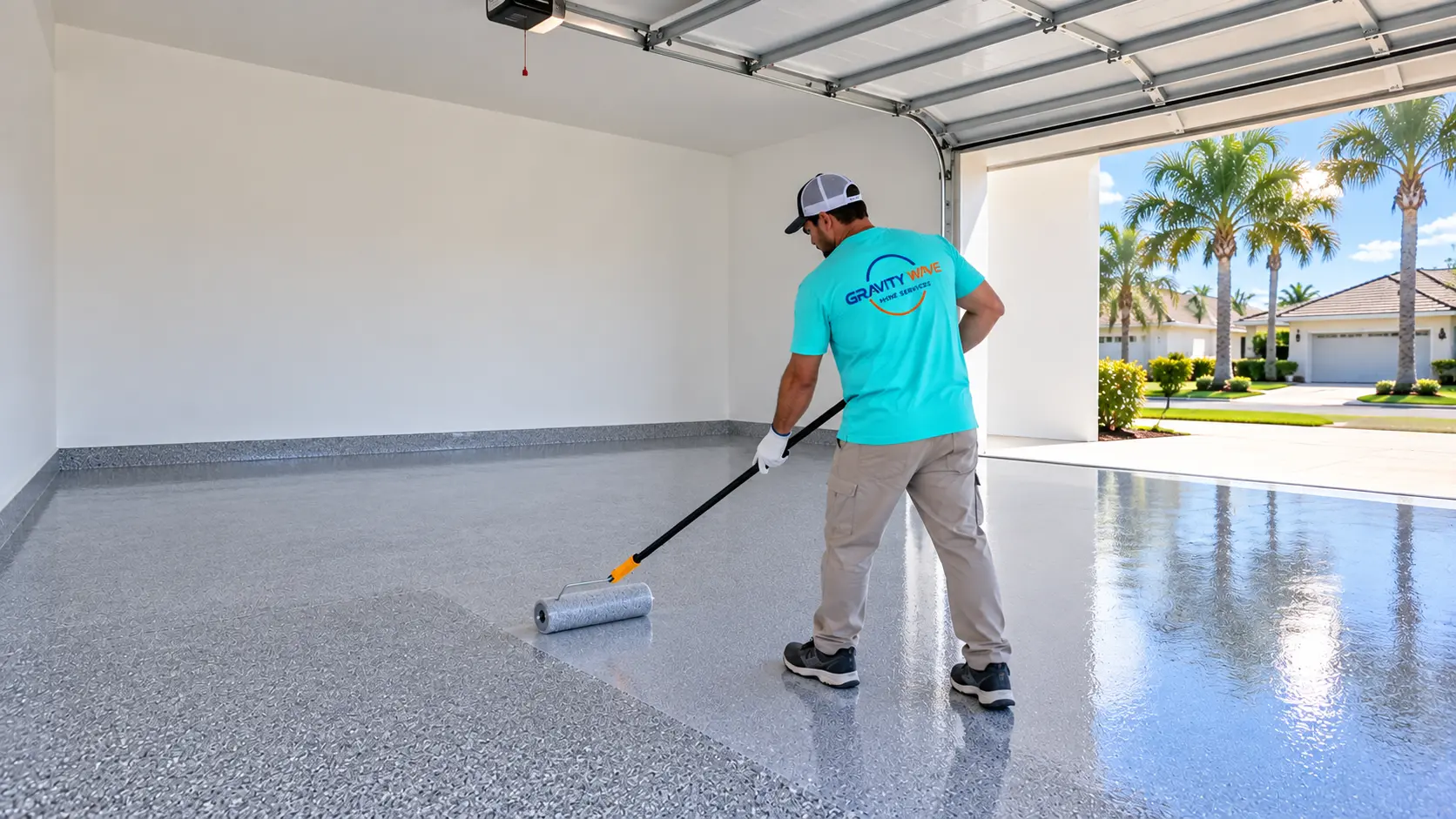 Illustration of a Gravity Wave Home Services worker applying a garage floor coating