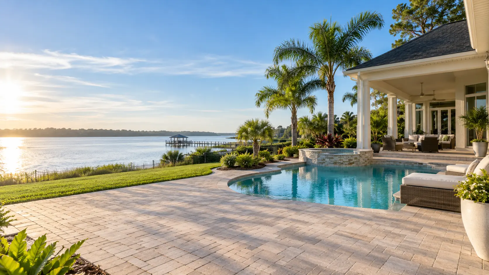 Jacksonville waterfront home with pool, pavers and landscaped outdoor areas