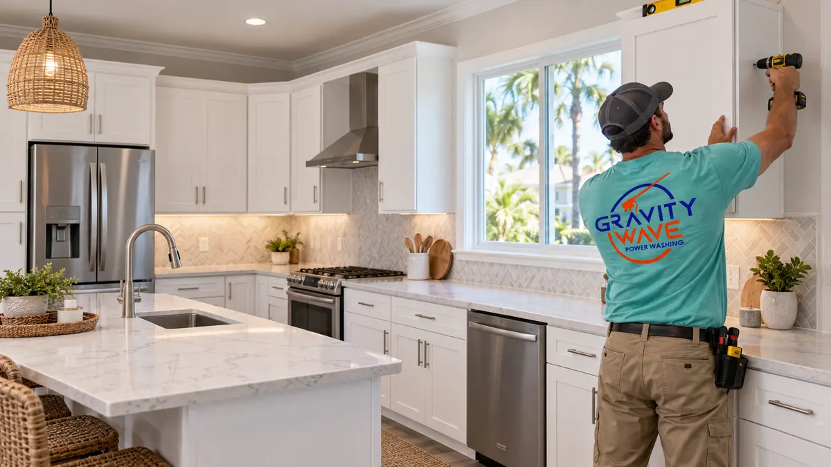 Gravity Wave technician installing a kitchen cabinet in a Jacksonville, Florida home