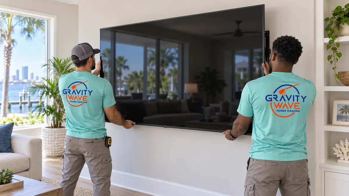 Two Gravity Wave technicians installing an 85-inch television in a Jacksonville, Florida home